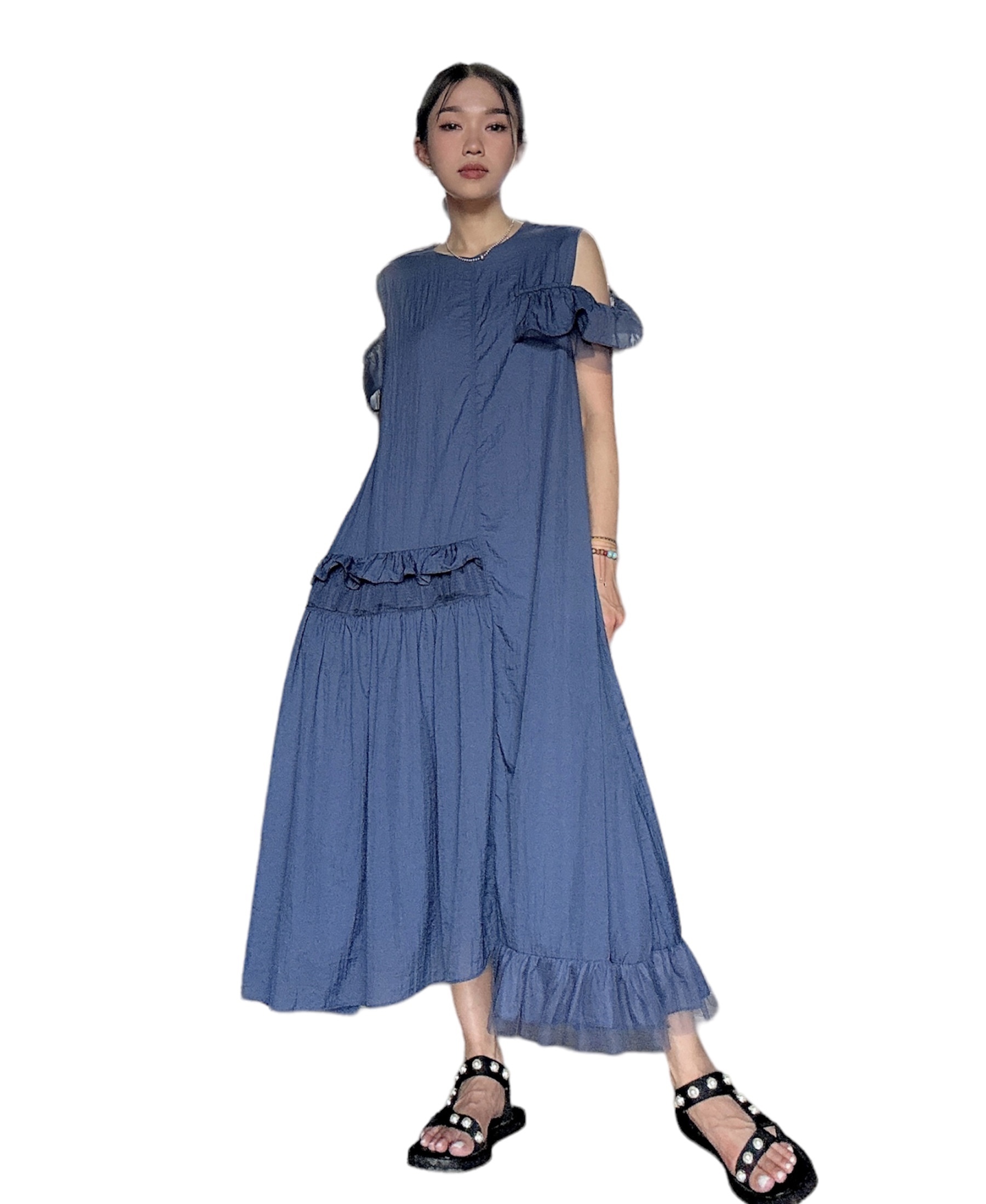 薄風褸料荷葉邊露肩連身裙（現貨款式）