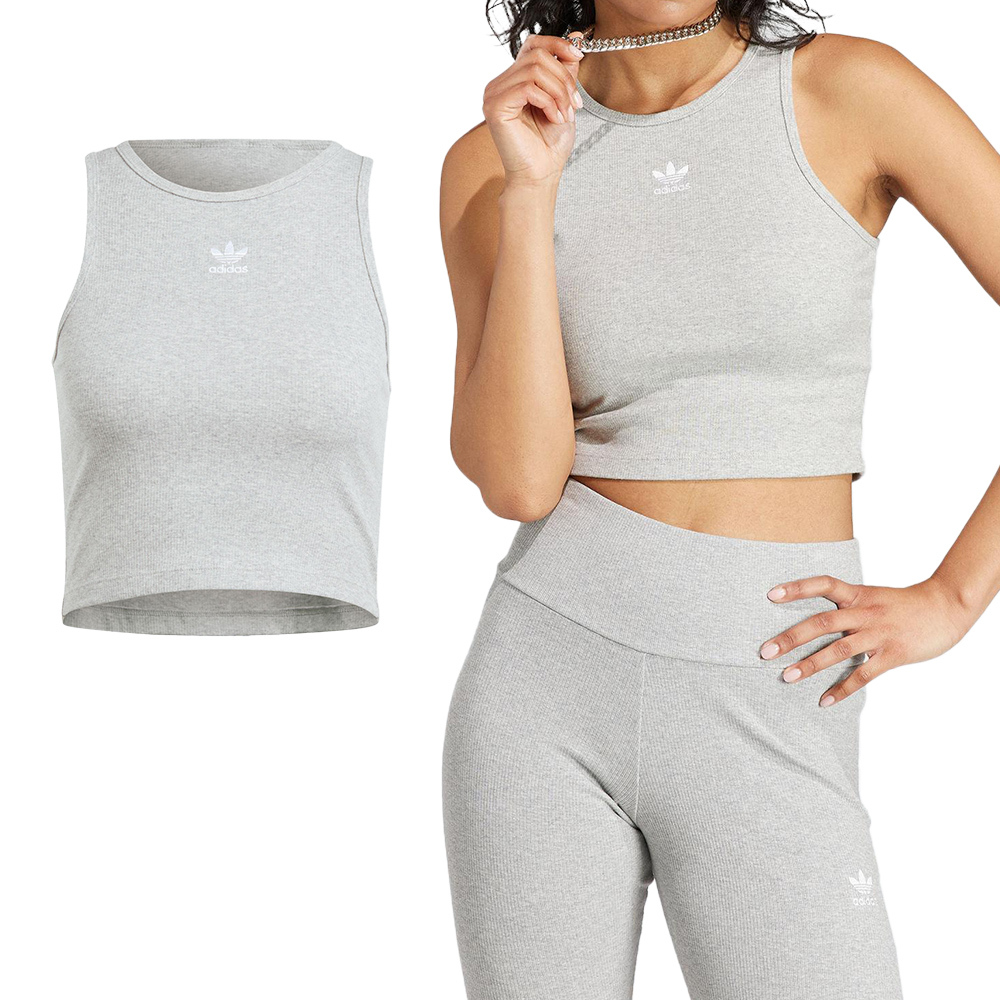 Adidas Rib Tank 女 灰色 三葉草 經典 短版 上衣 背心 IJ8261