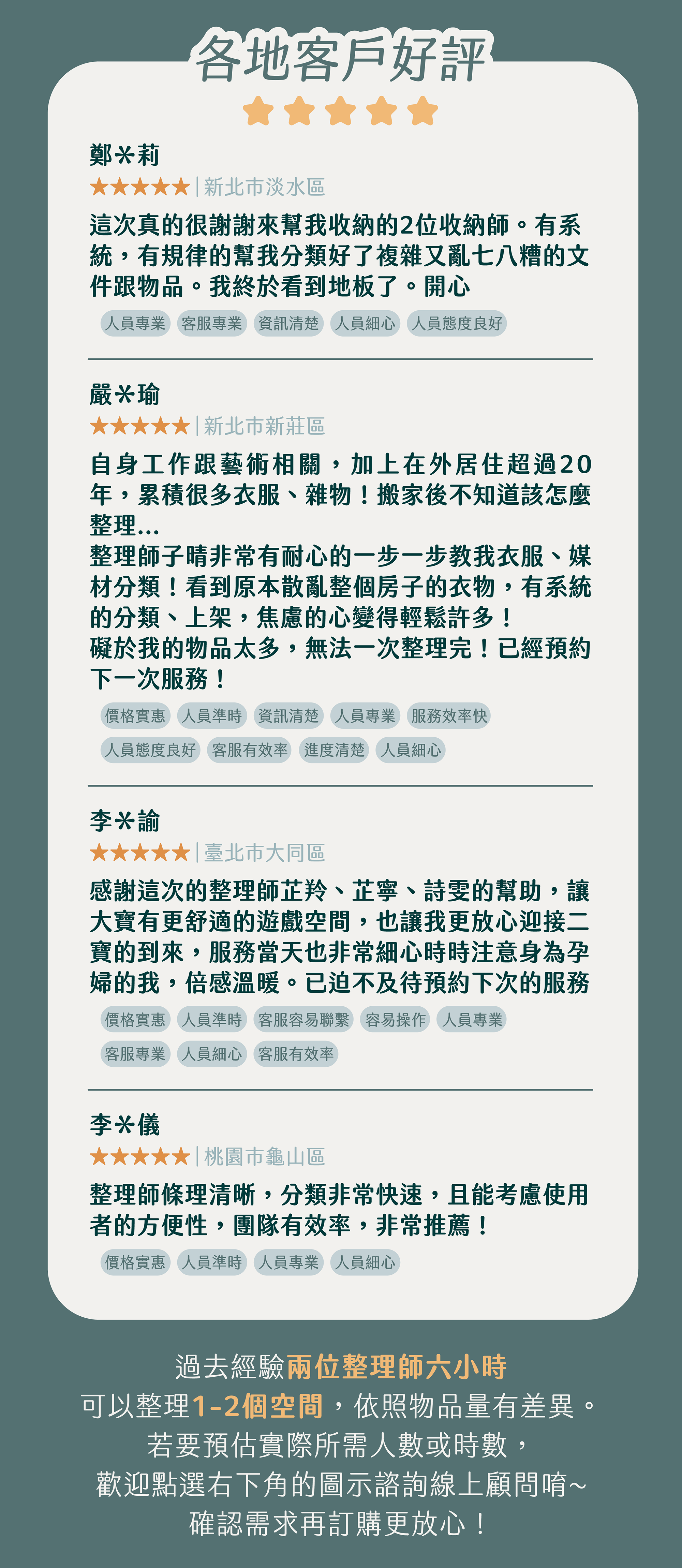 幫你解決空間雜亂的整理師，馬上安排到府服務，為您提供親民、平價、迅速的整理收納服務