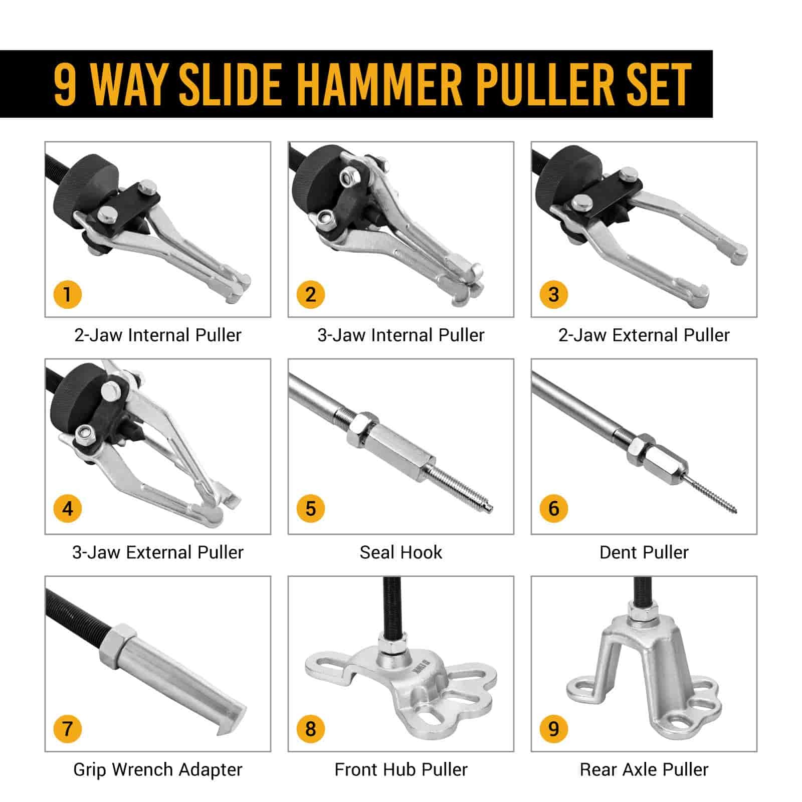 9 Way 5 lb. Slide Hammer and Puller Set