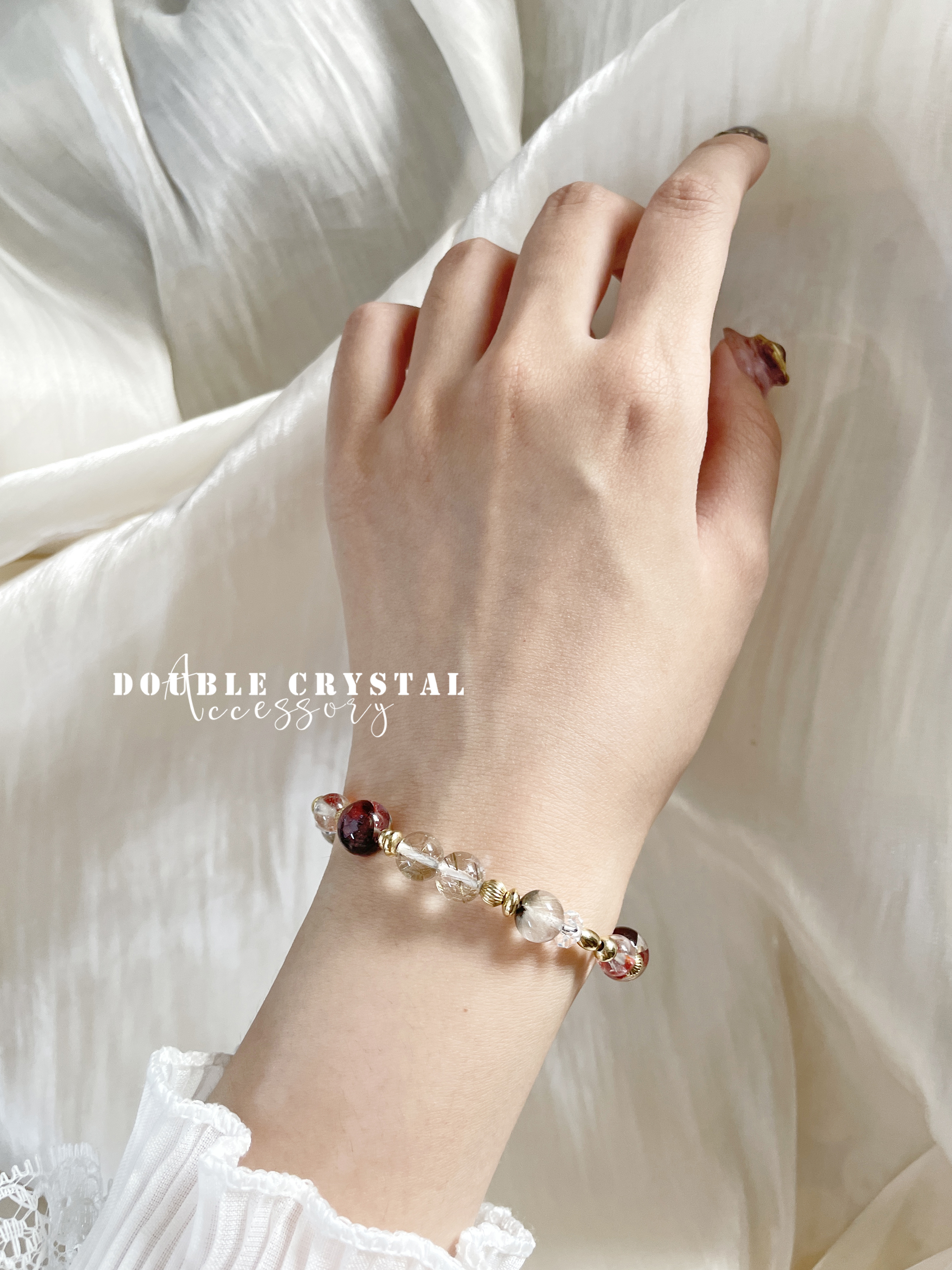 ☽◌* 鶴居／銀鈦共生錦鯉．高品紅膠花．銀髮晶．錦鯉水晶