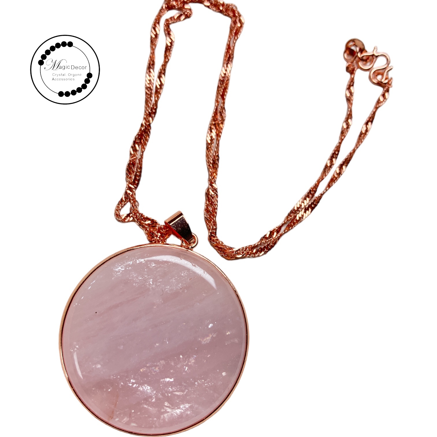 241223-D44 粉晶圓牌玫瑰金包邊吊咀+鏈