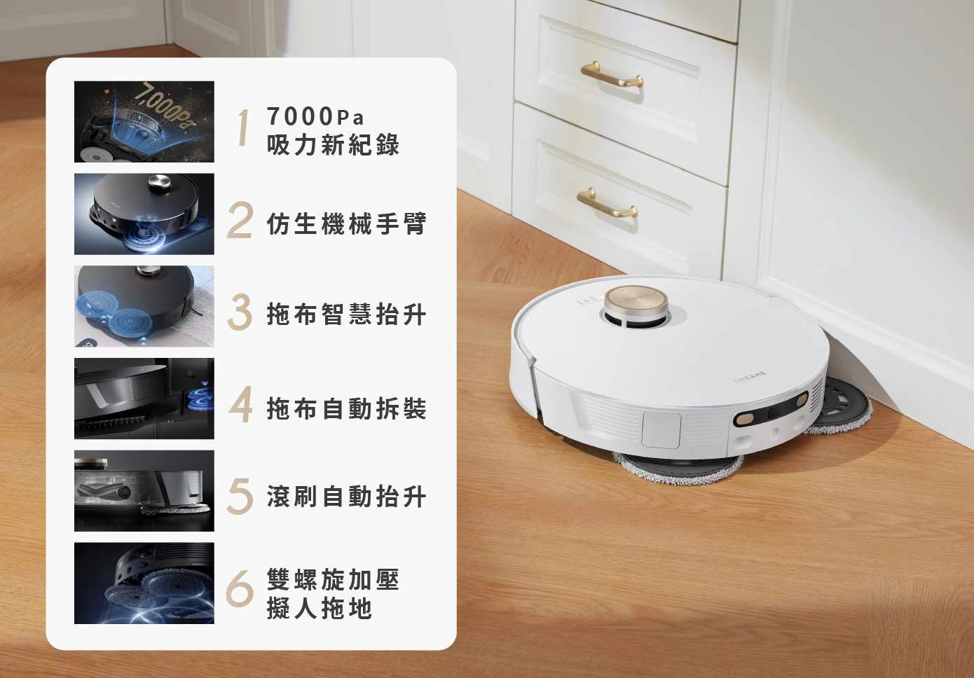 仿生科技6大革新 清潔力更強：1.7000Pa吸力新紀錄 2.仿生機械手臂 3.拖布智慧抬升 4.拖布自動拆裝 5.滾刷自動抬升 6.雙螺旋加壓擬人拖地