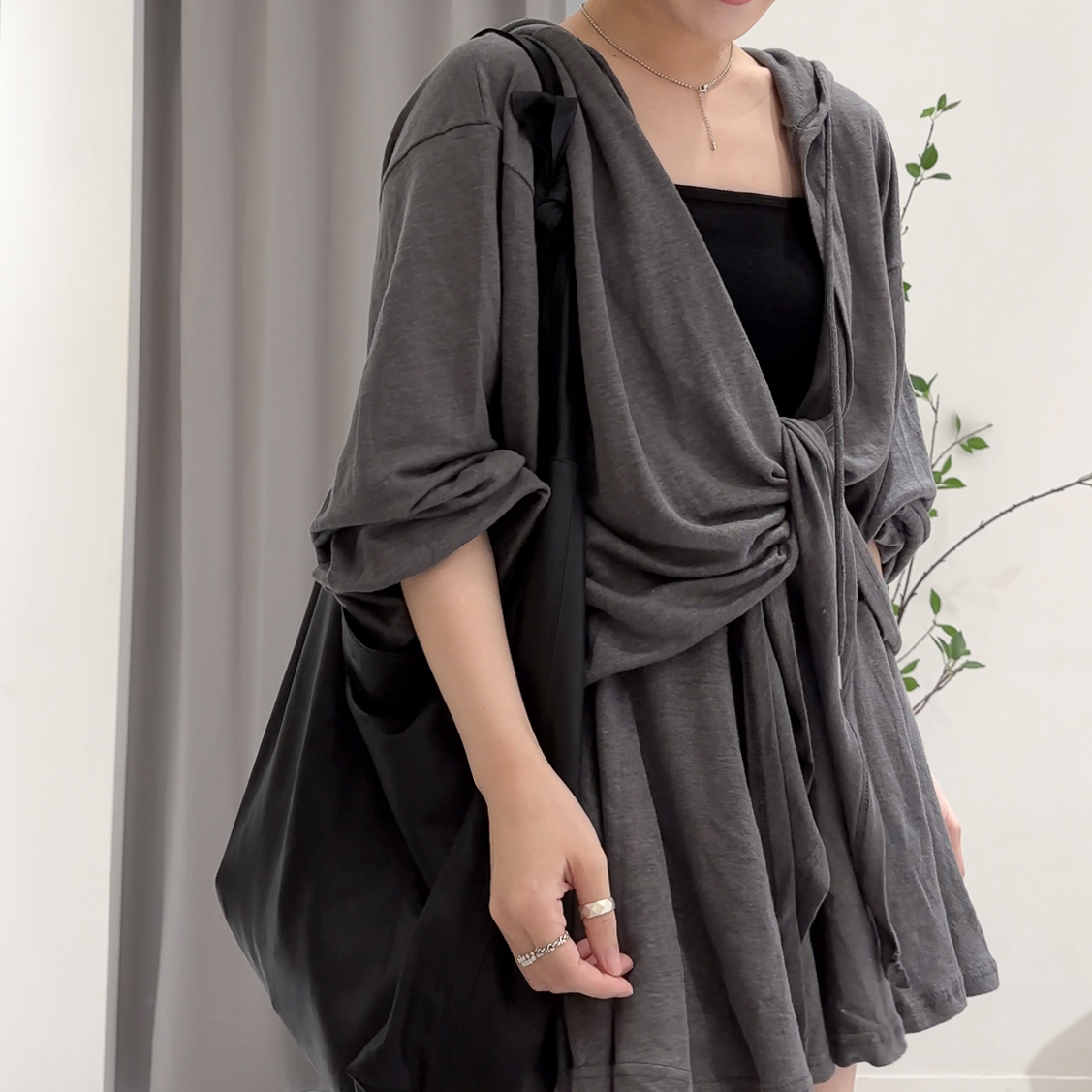 棉麻連帽罩衫短褲裙SET(墨)