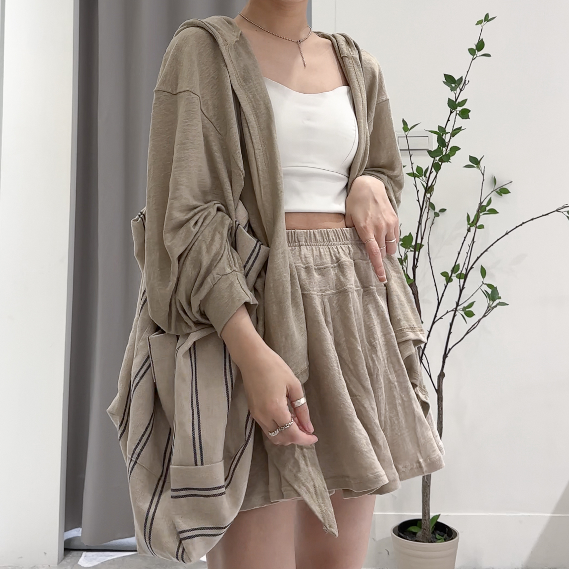 棉麻連帽罩衫短褲裙SET(米)