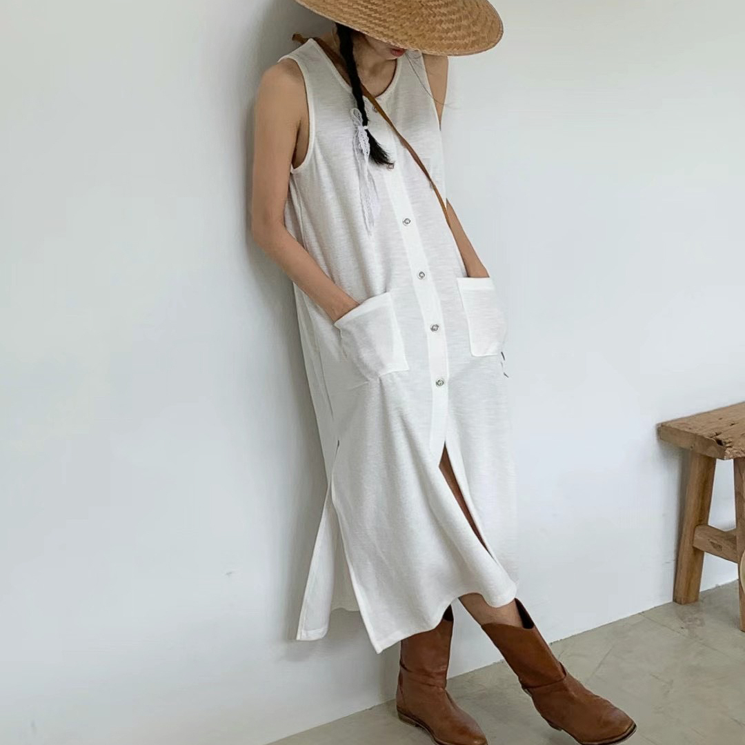 雙側開衩口袋排釦背心長洋罩