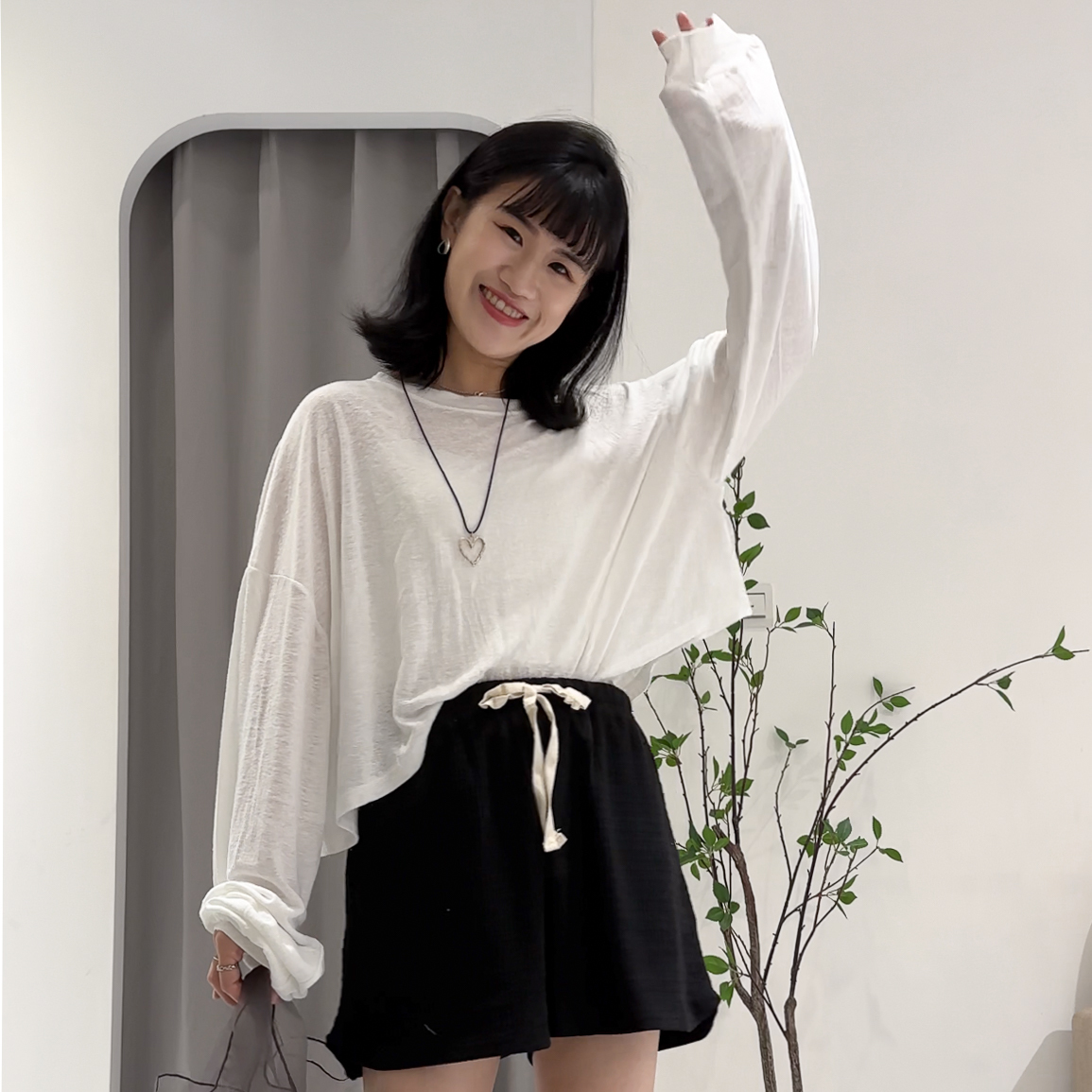 棉麻縮袖日常T(白)