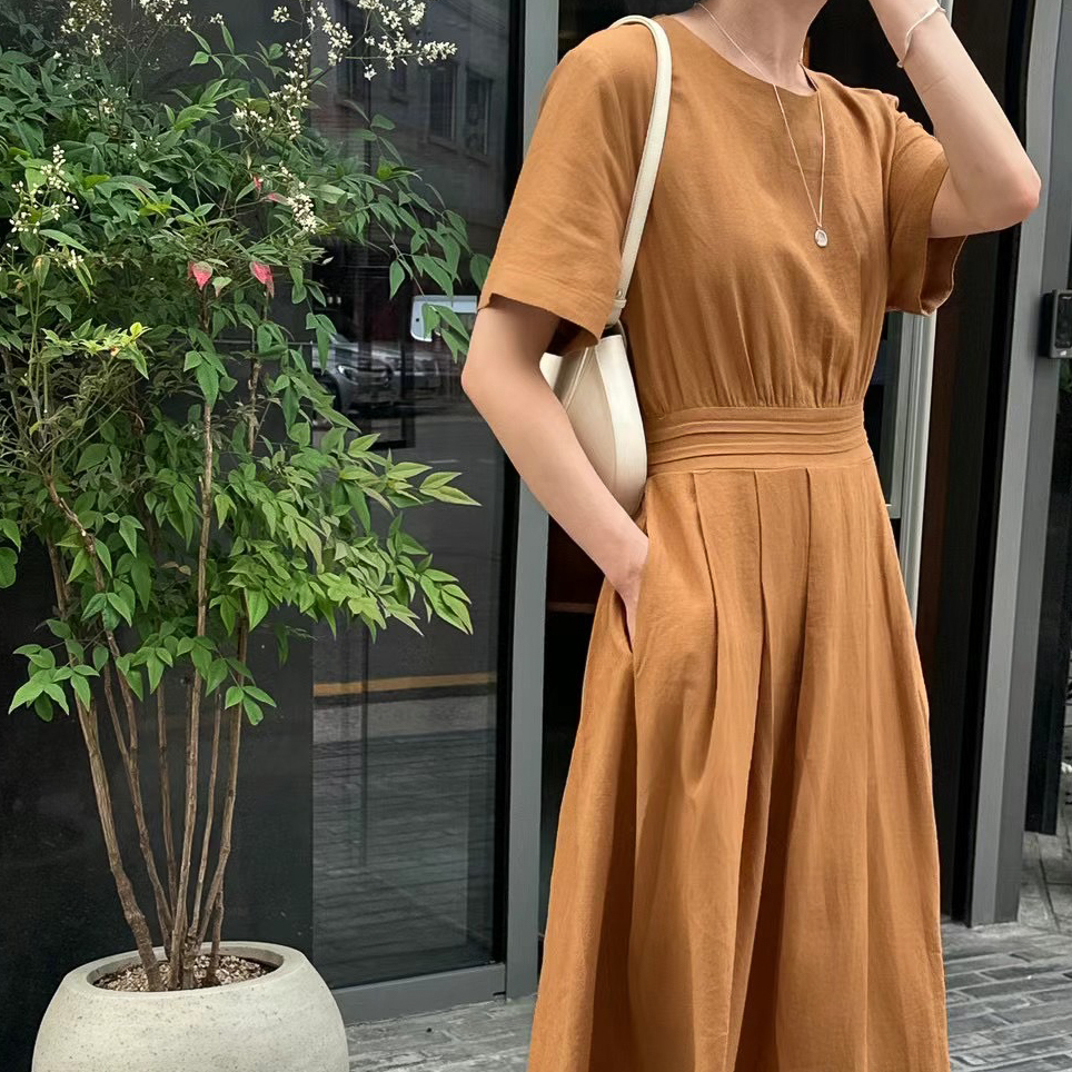 後釦設計開衩腰棉麻長洋(橘)