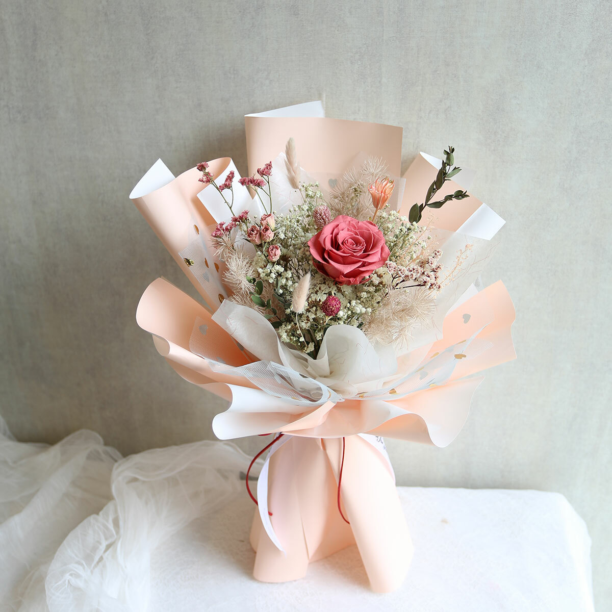 G90｜粉橘色系永生玫瑰花束