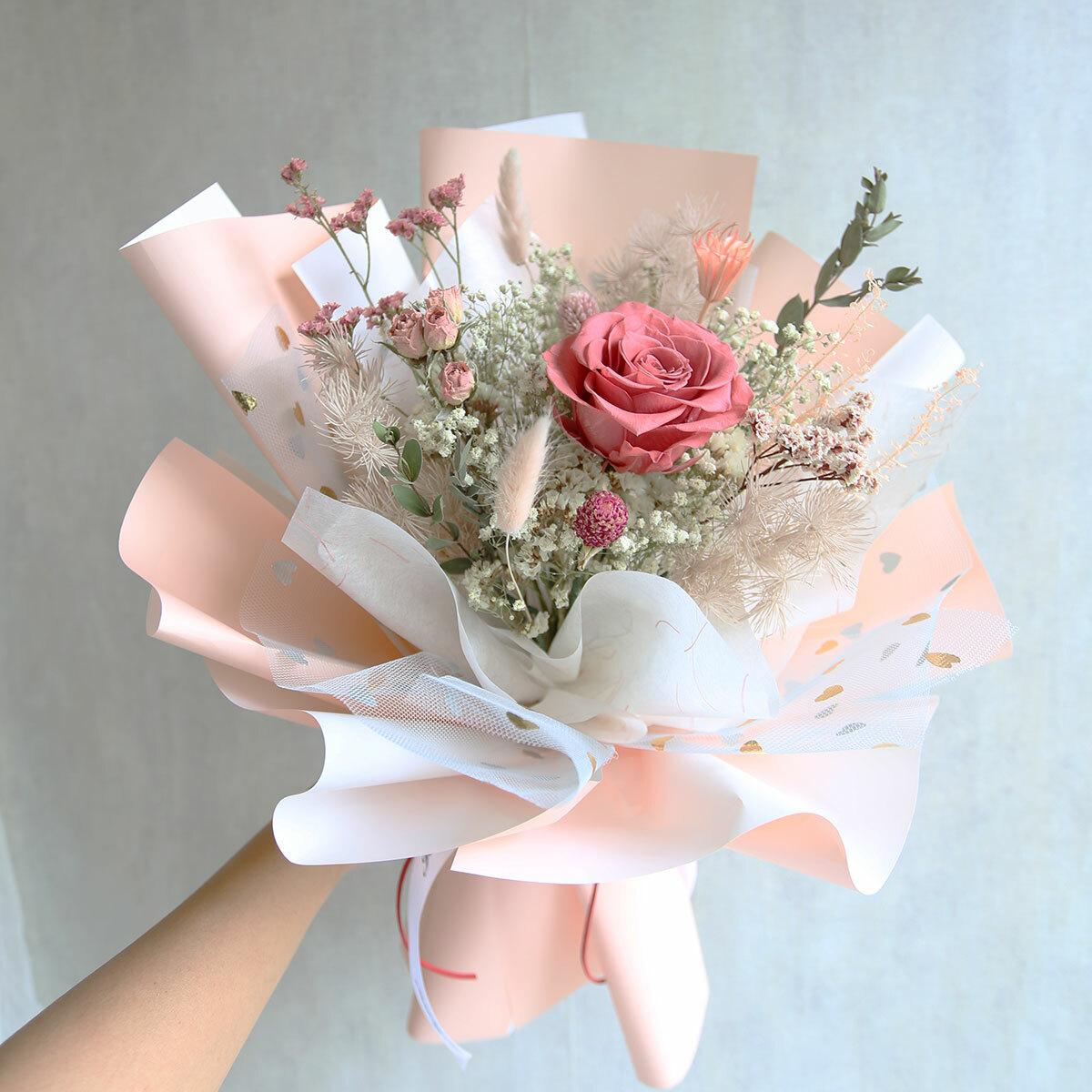 G90｜粉橘色系永生玫瑰花束