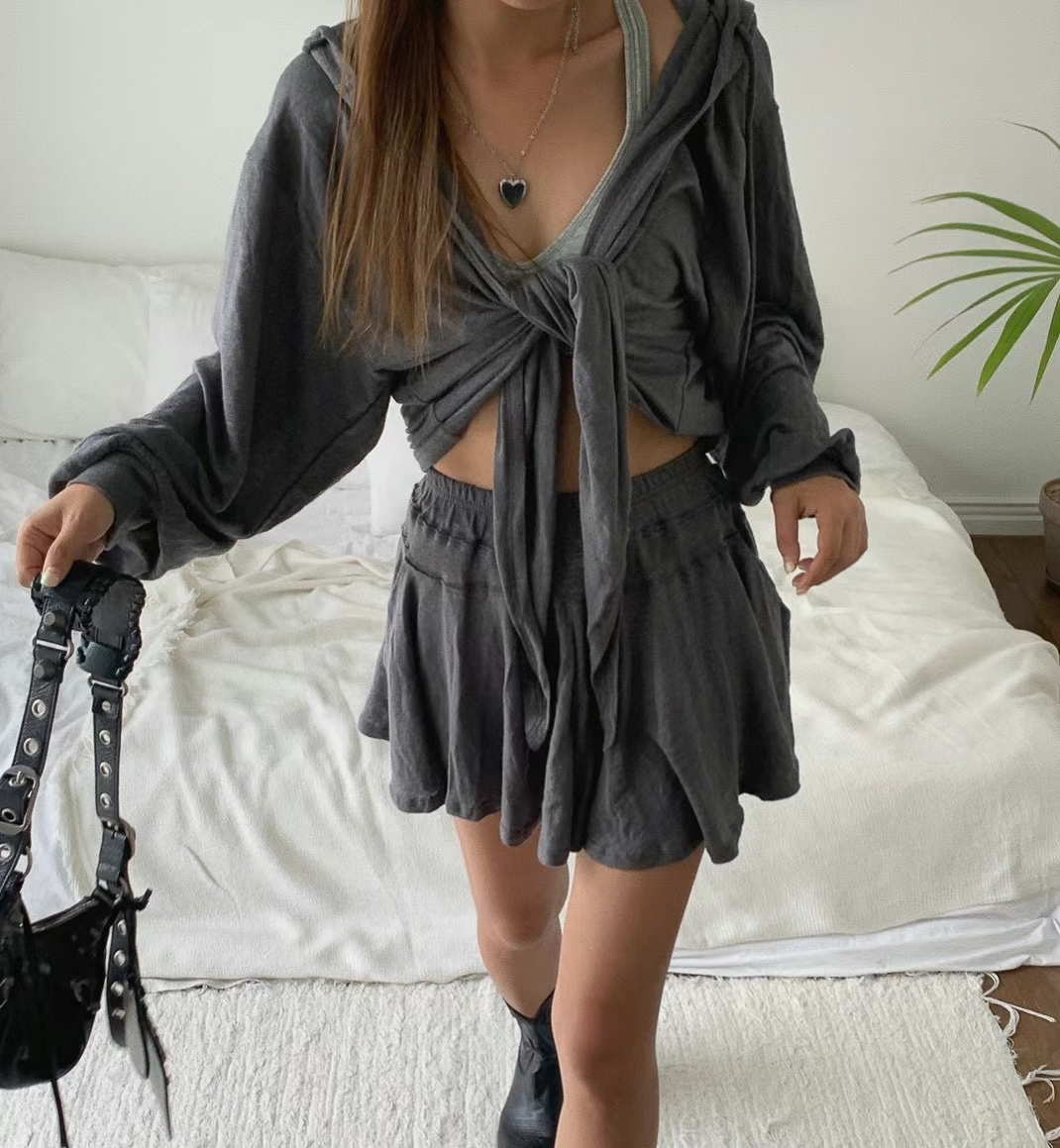 棉麻連帽罩衫短褲裙SET(墨)