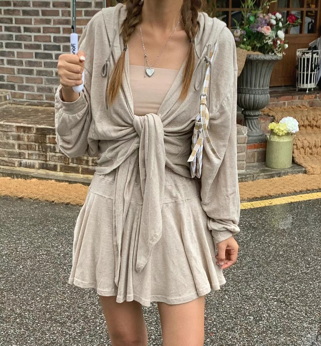 棉麻連帽罩衫短褲裙SET(米)