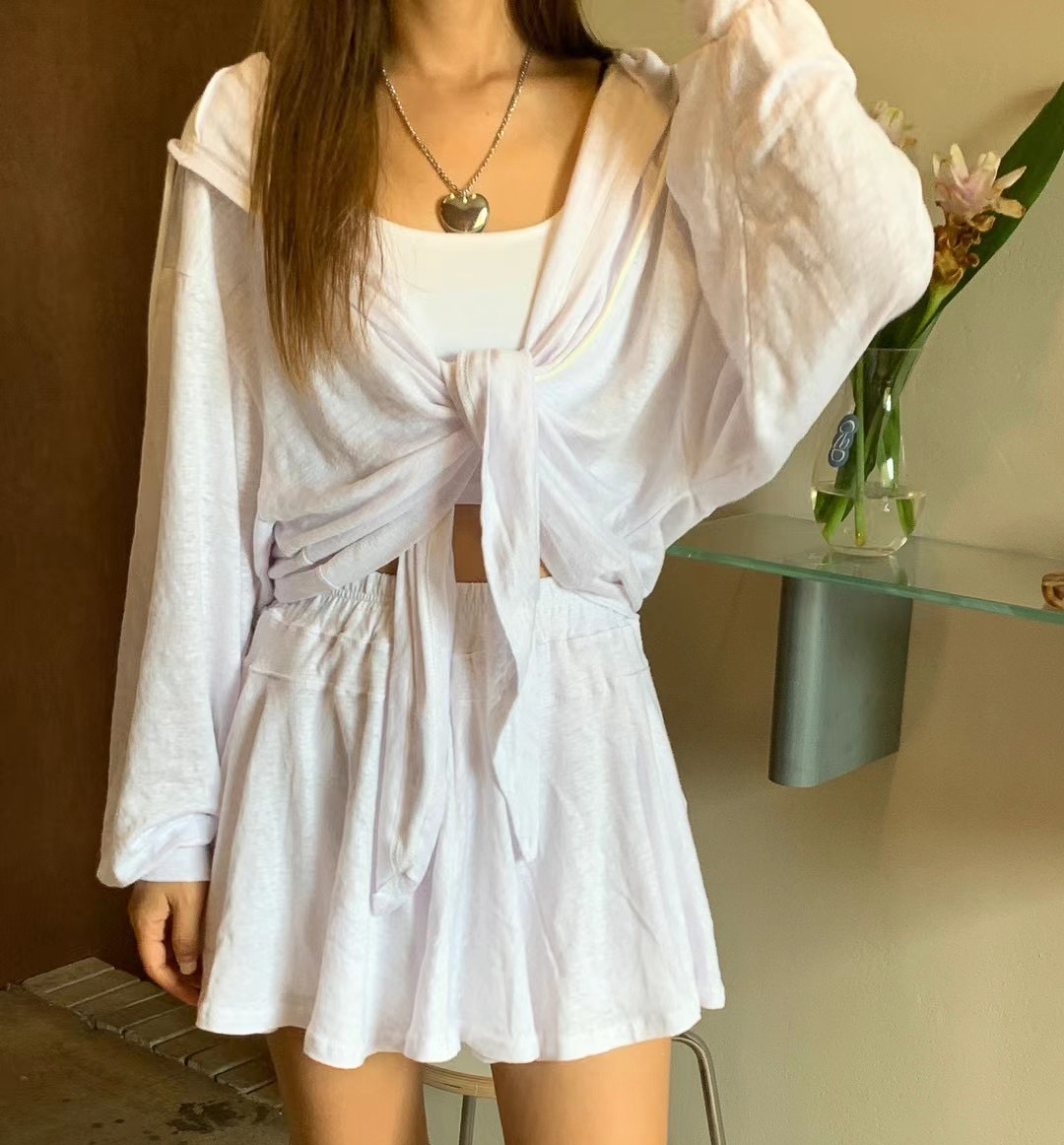 棉麻連帽罩衫短褲裙SET(白)