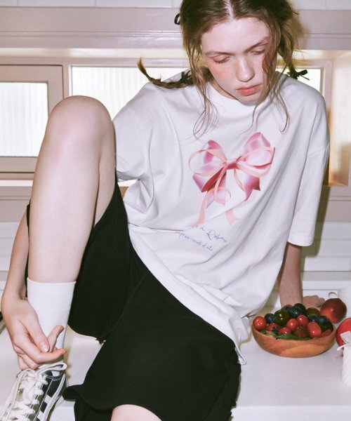 RONRON DOUBLE RIBBON OVER FIT T SHIRT