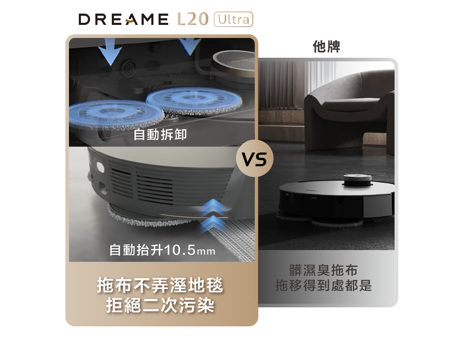 DREAME L20 Ultra 拖布自動拆卸 自動抬升10.5mm 不弄溼地毯 拒絕二次污染 較他牌 髒濕臭拖布拖移得到處都是
