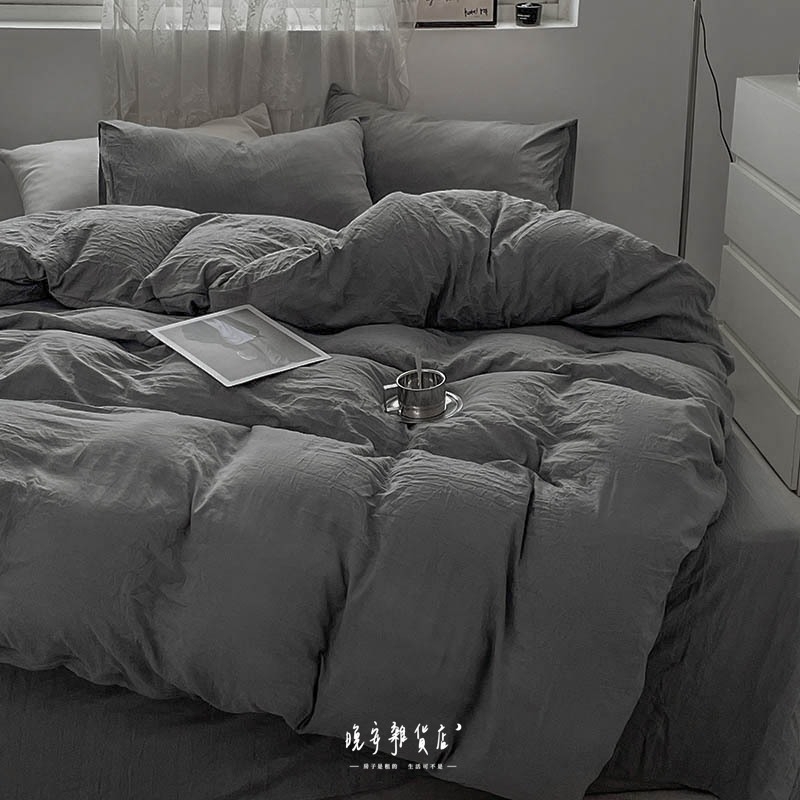 純色抓皺水洗棉【工業風淺灰色】床包床單組