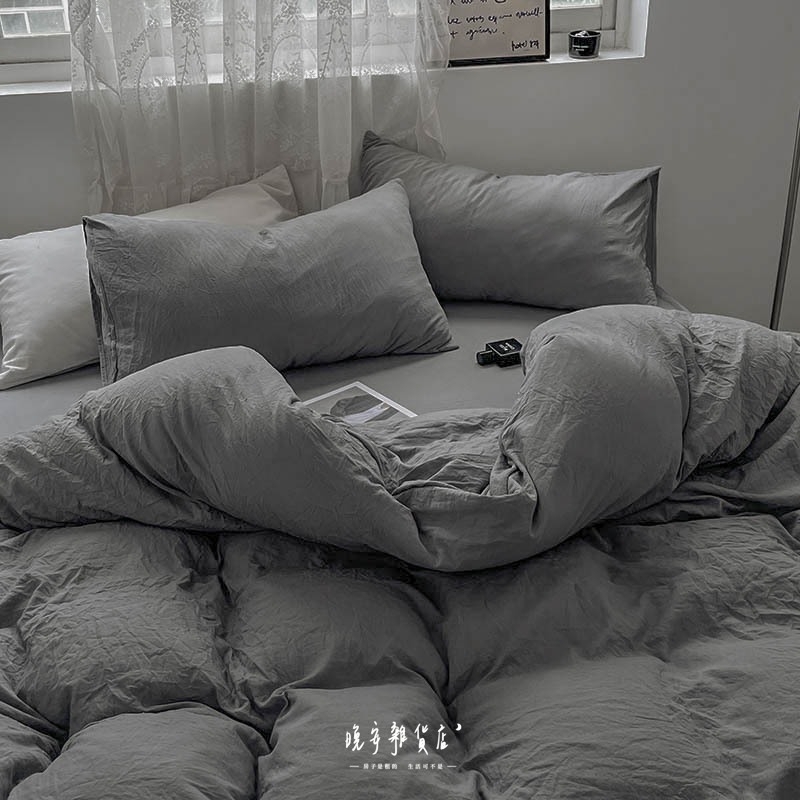 純色抓皺水洗棉【工業風淺灰色】床包床單組