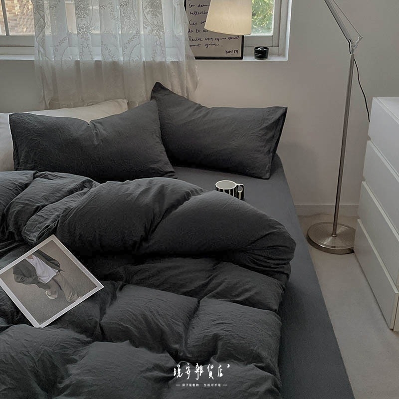 純色抓皺水洗棉【工業深灰】床包床單組