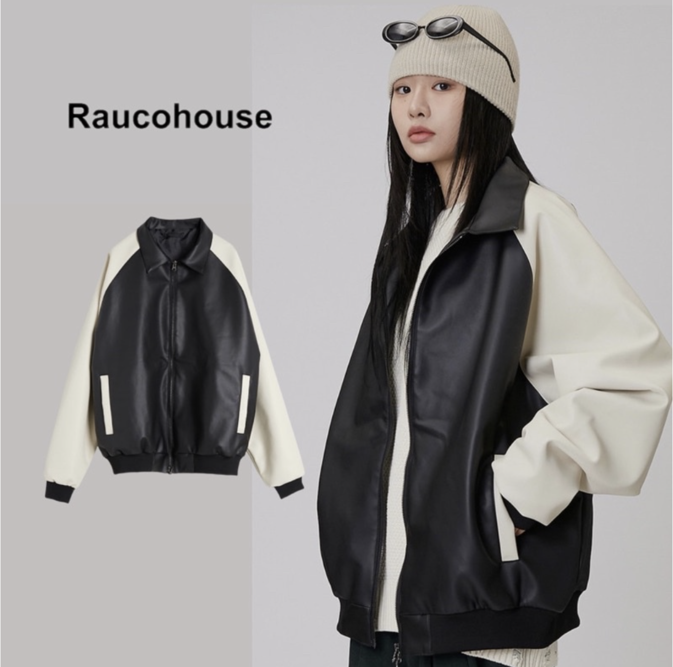 韓國 Raucohouse 撞色 皮革 棒球外套 夾克 外套 皮衣