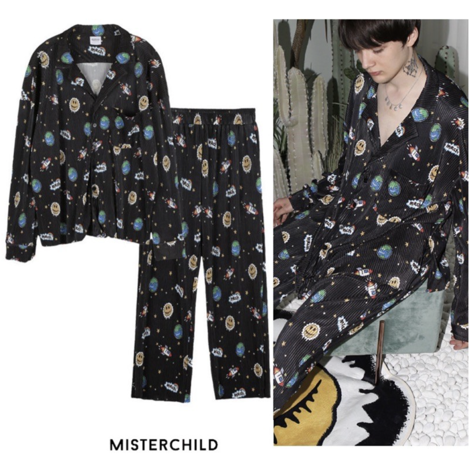 韓國代理品牌 Misterchild 百摺滿版圖案睡衣套裝 套裝 笑臉 睡衣 百摺套裝 塗鴨