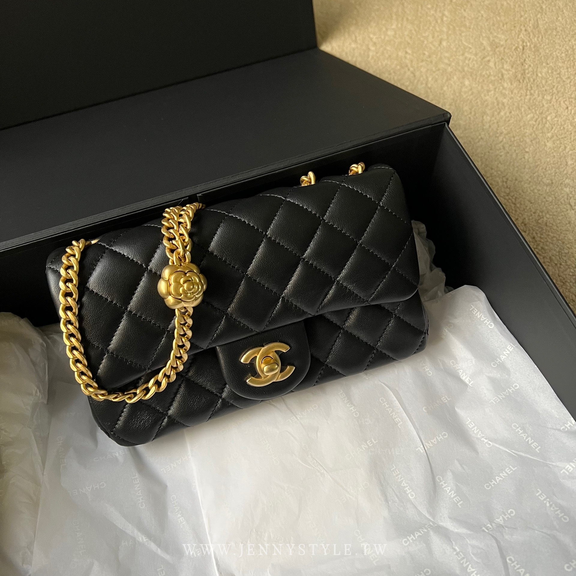 CHANEL MINI CF20 山茶花調節扣黑金