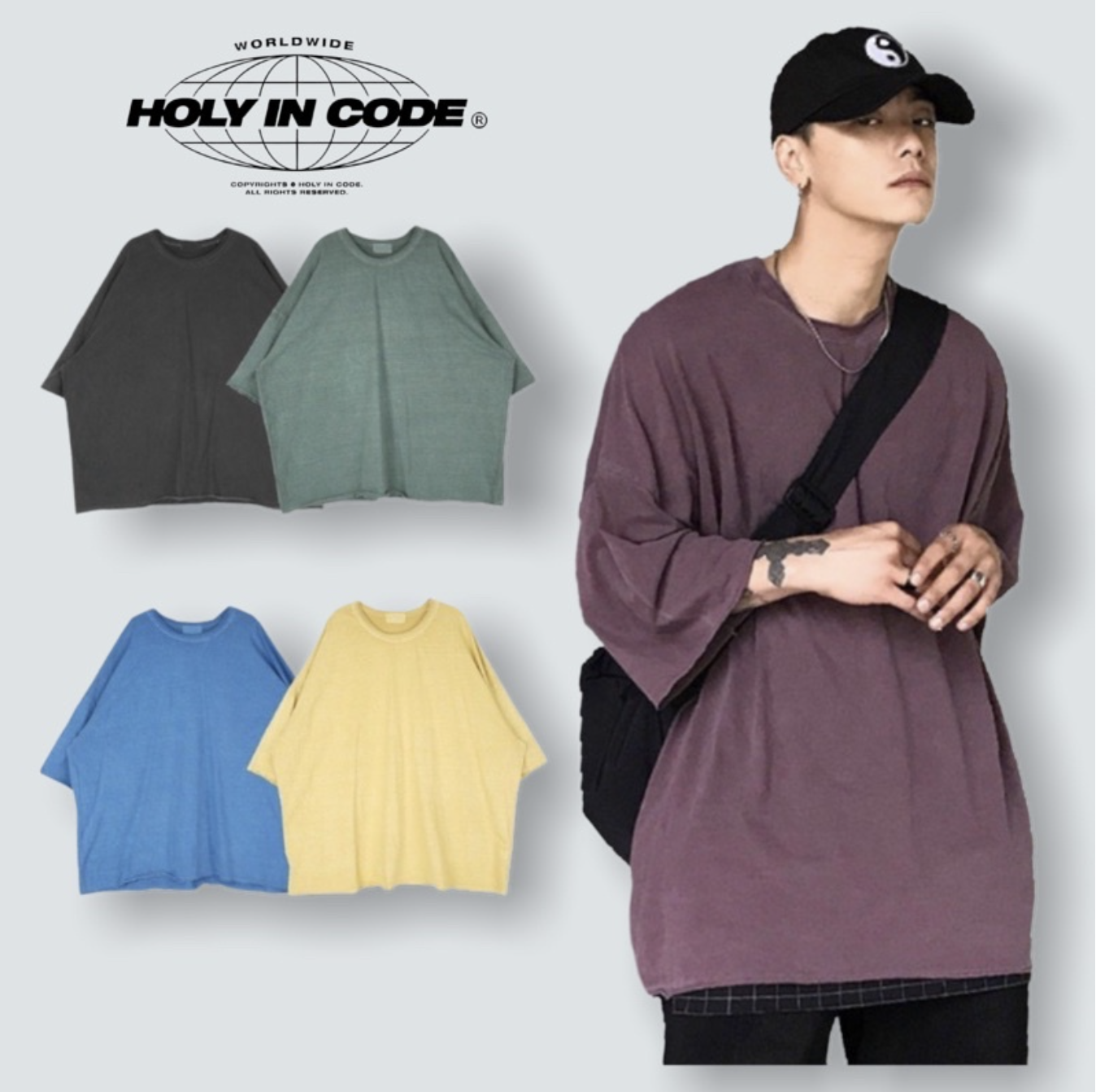 🇰🇷韓國 HOLYINCODE 洗舊五分寬袖T 短袖 短T 五分袖 落肩 水洗 洗舊