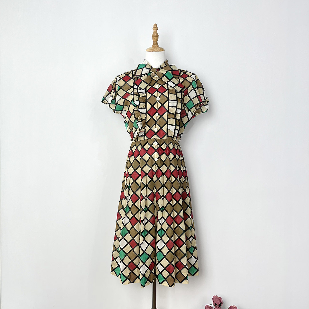 啡紅色菱形格紋綿質連身裙