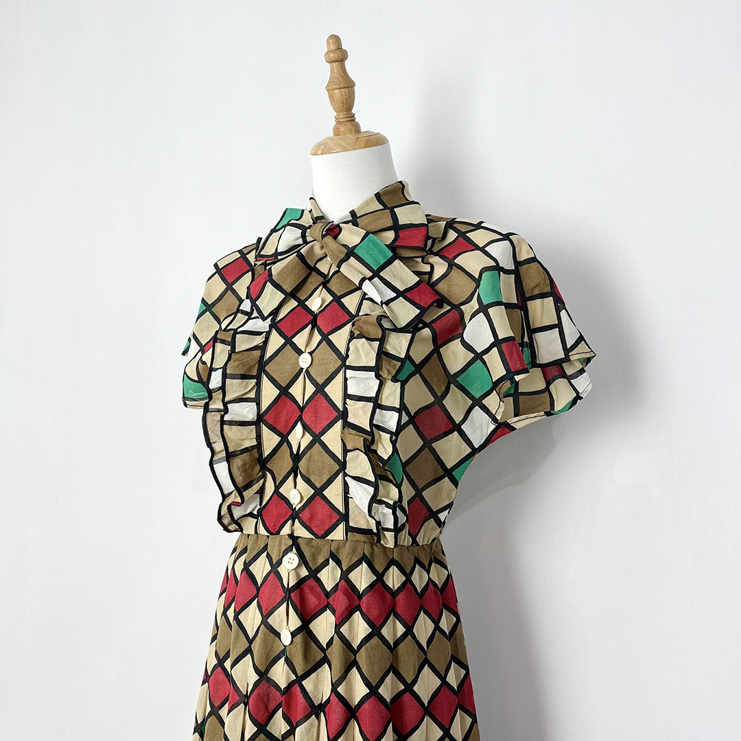 啡紅色菱形格紋綿質連身裙