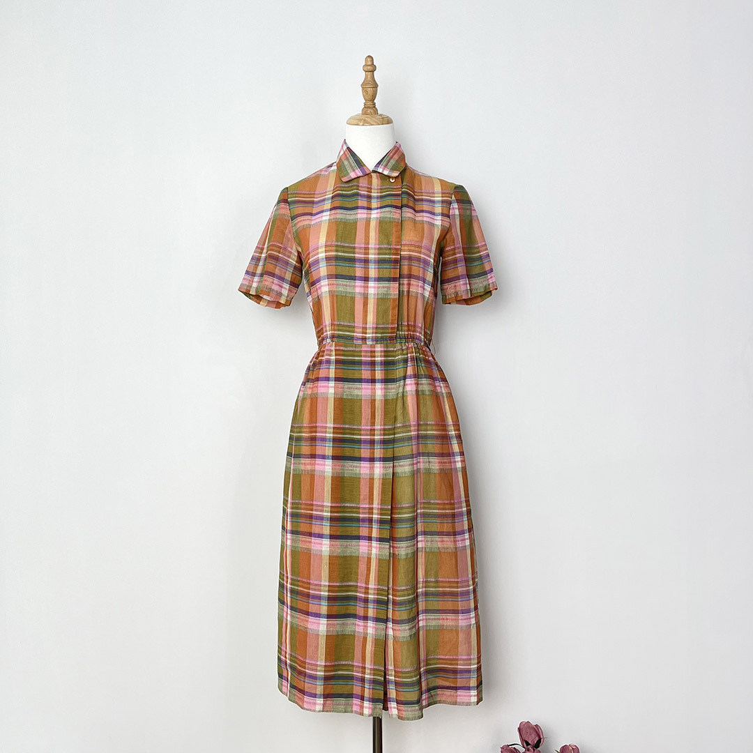 日本橙綠色格紋古著連身裙