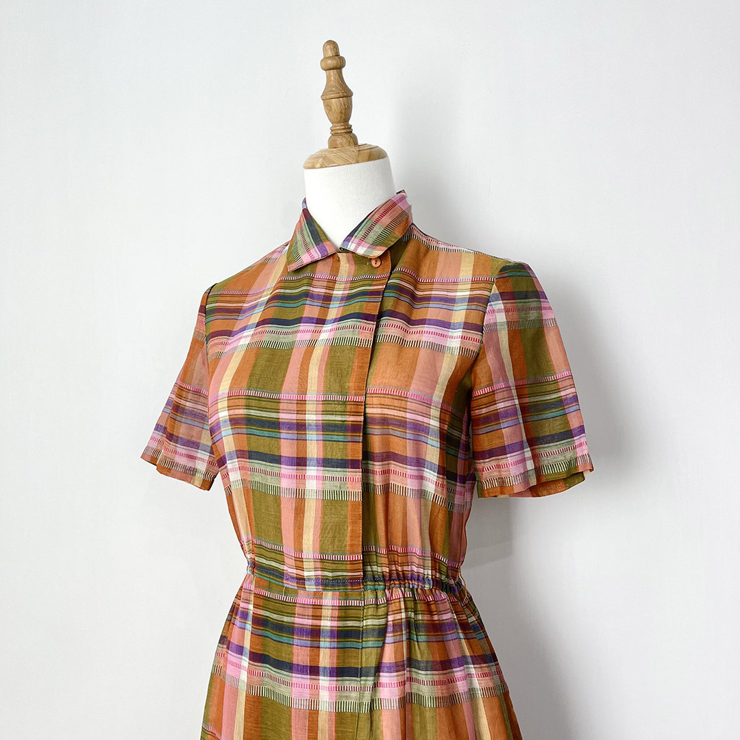 日本橙綠色格紋古著連身裙