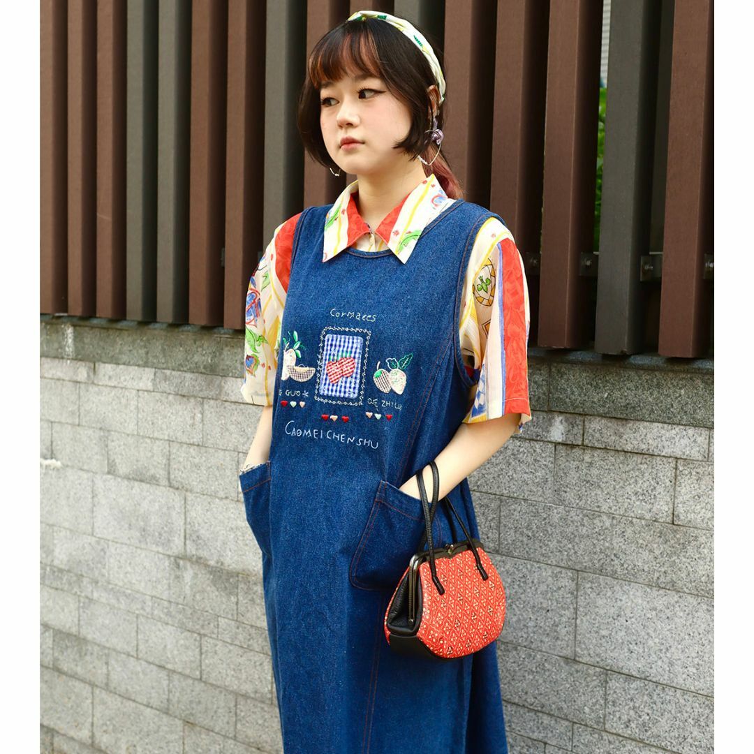 台灣刺繡水果圖案牛仔連身裙