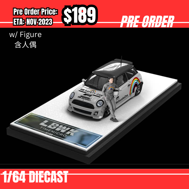 PO-$189 * Time Micro * 1:64 Mini R56 Cooper / Hatch LB Safety Car Rainbow w/ Figure [09/08]