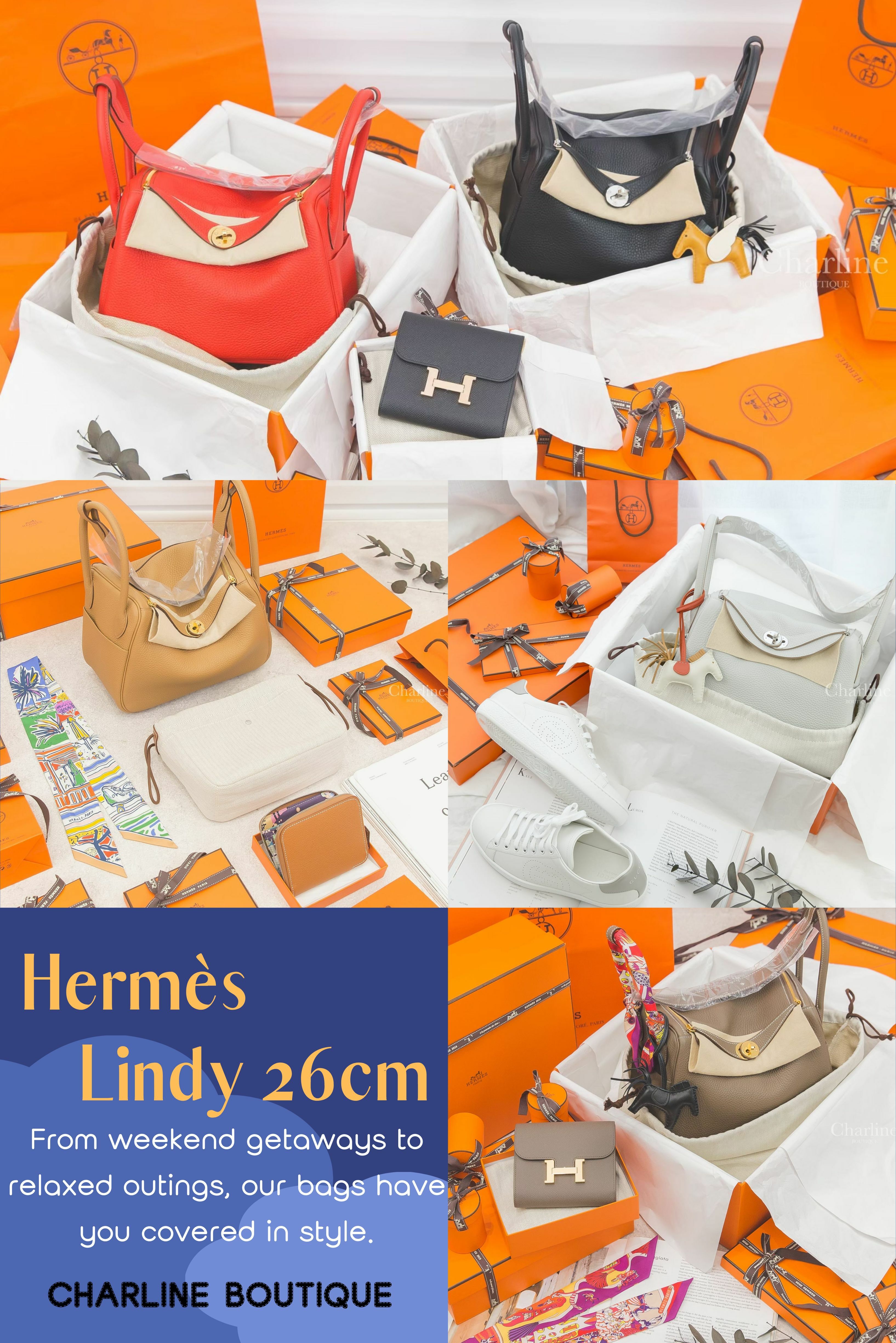 Hermès Lindy誕生於2007年，靈感源自1920年代紐約的Lindy Hop舞蹈，以獨特的造型和對稱結構著稱。雙拉鍊設計方便取用，雙手柄和肩帶使攜帶方式多樣，寬敞內部可容納日常所需，外觀輕鬆隨性。尺寸包括Mini、26cm、30cm和34cm，滿足不同需求。儘管尺寸微差，Hermès Lindy不論哪款都融合奢華與時尚，造訪Charline Boutique，找到您心愛的Lindy，享受購物樂趣吧！