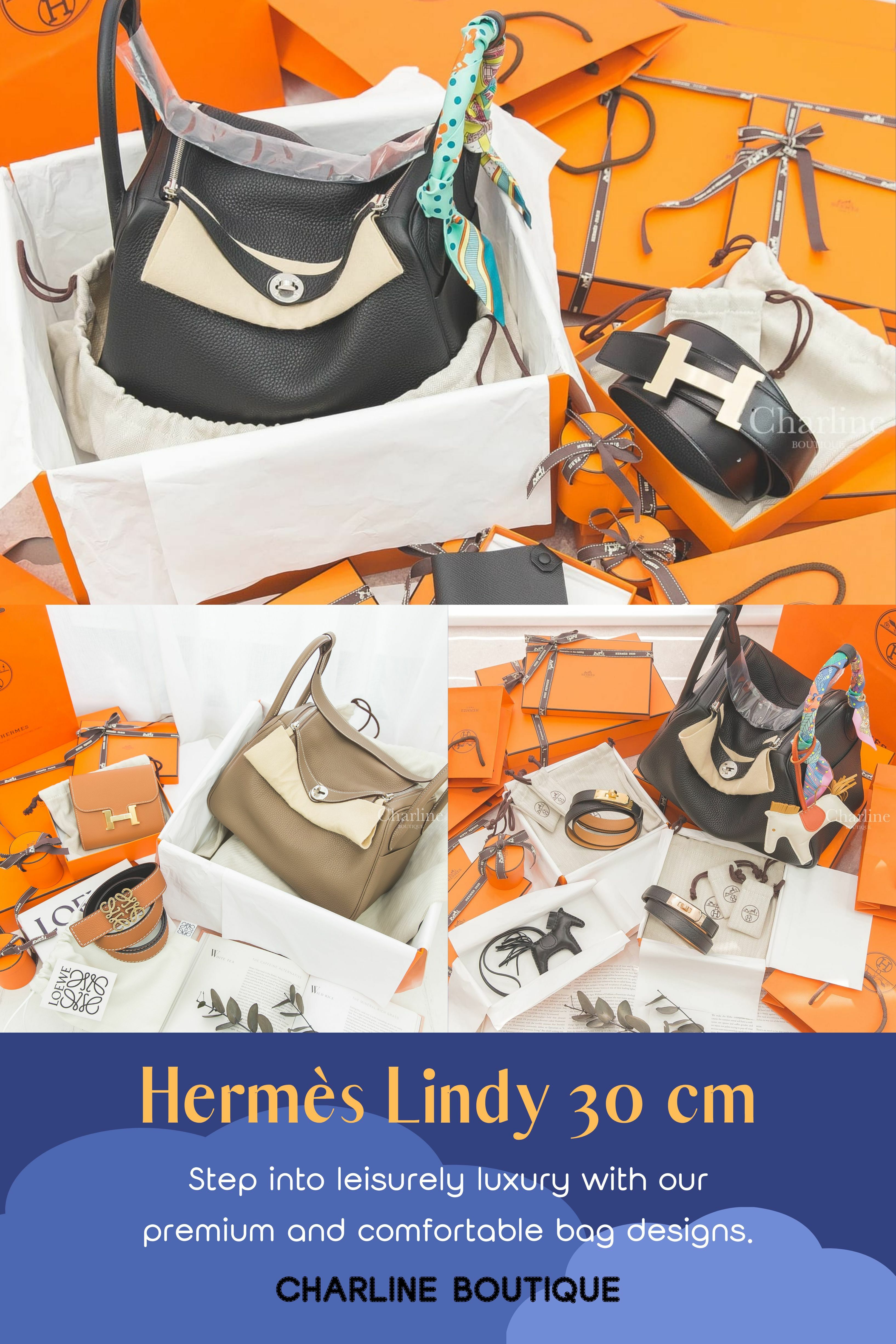 Hermès Lindy誕生於2007年，靈感源自1920年代紐約的Lindy Hop舞蹈，以獨特的造型和對稱結構著稱。雙拉鍊設計方便取用，雙手柄和肩帶使攜帶方式多樣，寬敞內部可容納日常所需，外觀輕鬆隨性。尺寸包括Mini、26cm、30cm和34cm，滿足不同需求。儘管尺寸微差，Hermès Lindy不論哪款都融合奢華與時尚，造訪Charline Boutique，找到您心愛的Lindy，享受購物樂趣吧！