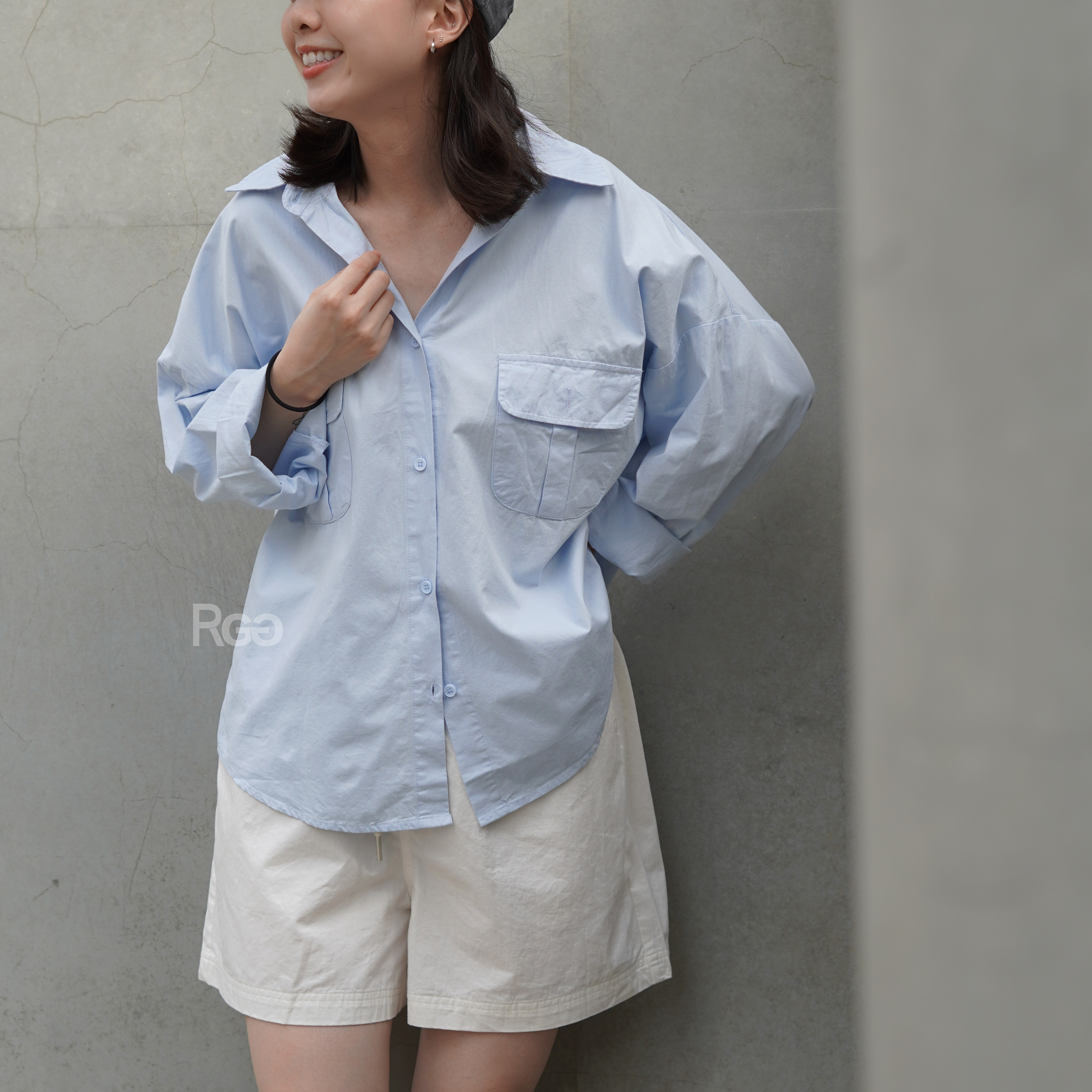 #190 胸前口袋 下擺圓弧 薄襯衫