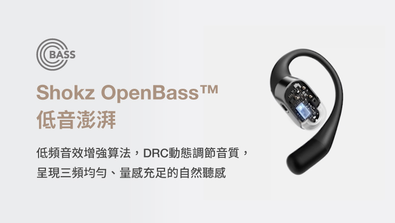 SHOKZ OPENBASS 專為開放式耳機提供DRC動態調節音質技術，低頻音效增強算法，讓開放式真無線藍牙耳機的三頻均衡，低音量感充沛，音質clear又勻稱