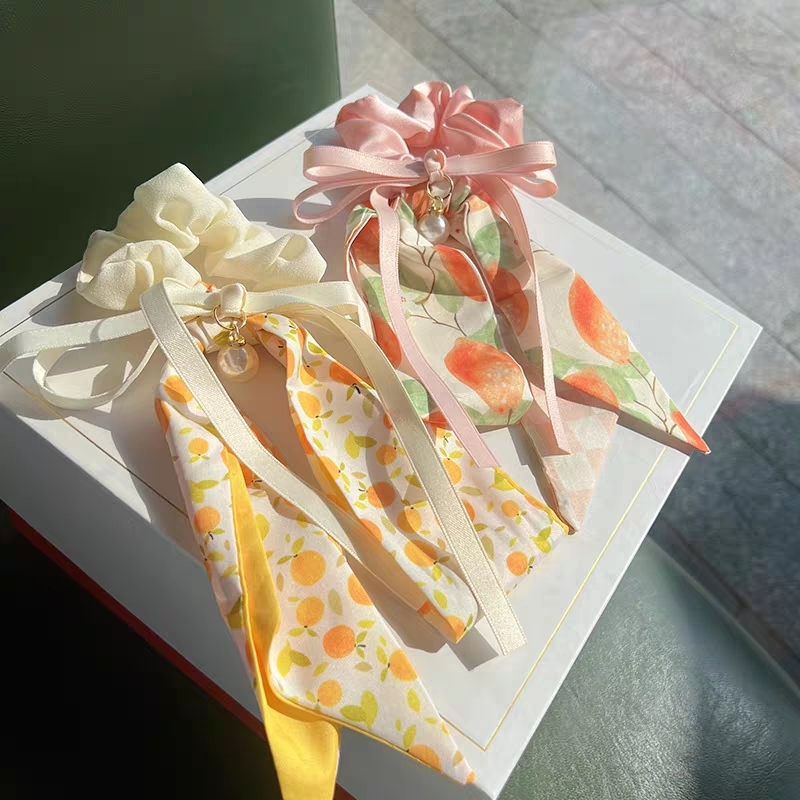 [ 2 for RM10 ] Korean Bow Pearl Orange Ribbon Scrunchies