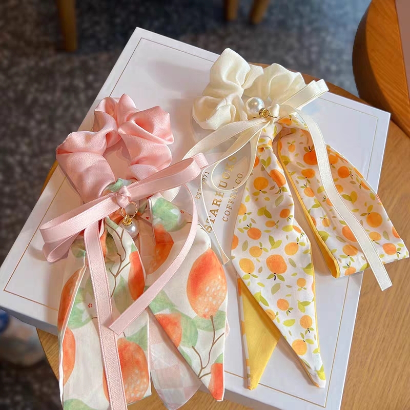 [ 2 for RM10 ] Korean Bow Pearl Orange Ribbon Scrunchies