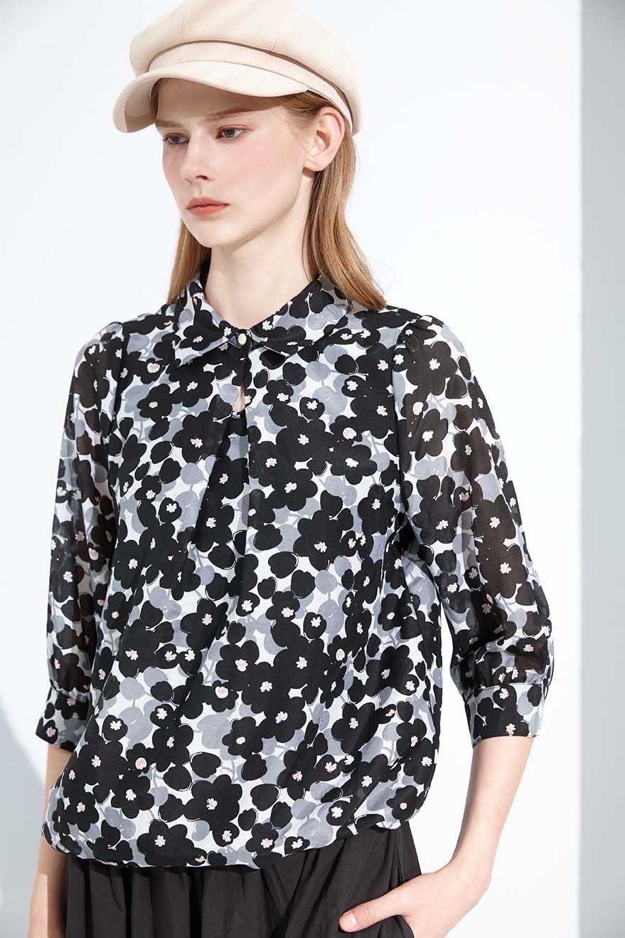 韓版優雅印花輕薄蠶絲/棉質氣質上衣S6371