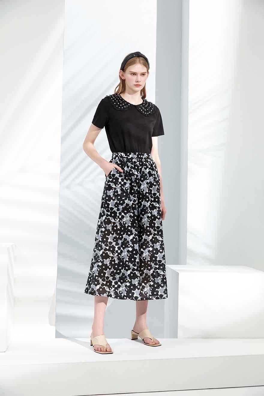 韓版優雅印花輕薄蠶絲/棉質時尚褲裙S6372