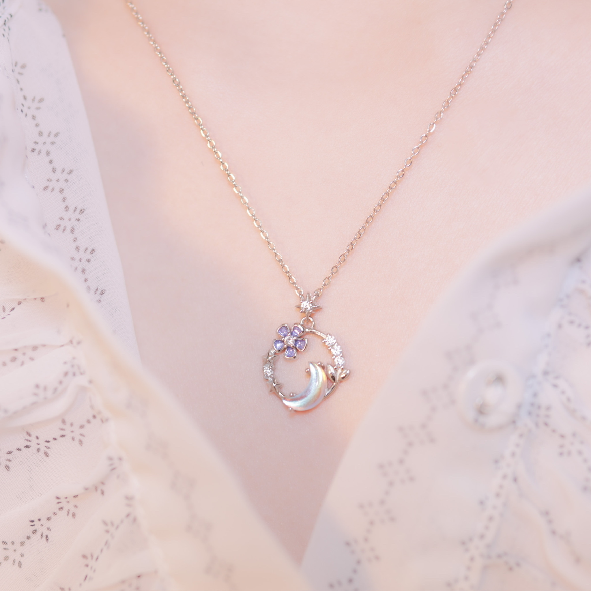 | 925 Silver・White Gold・Rose Gold・Glaze Stone | Flower Of Romance Necklace（Silver / Rose Gold) | NE0691 |