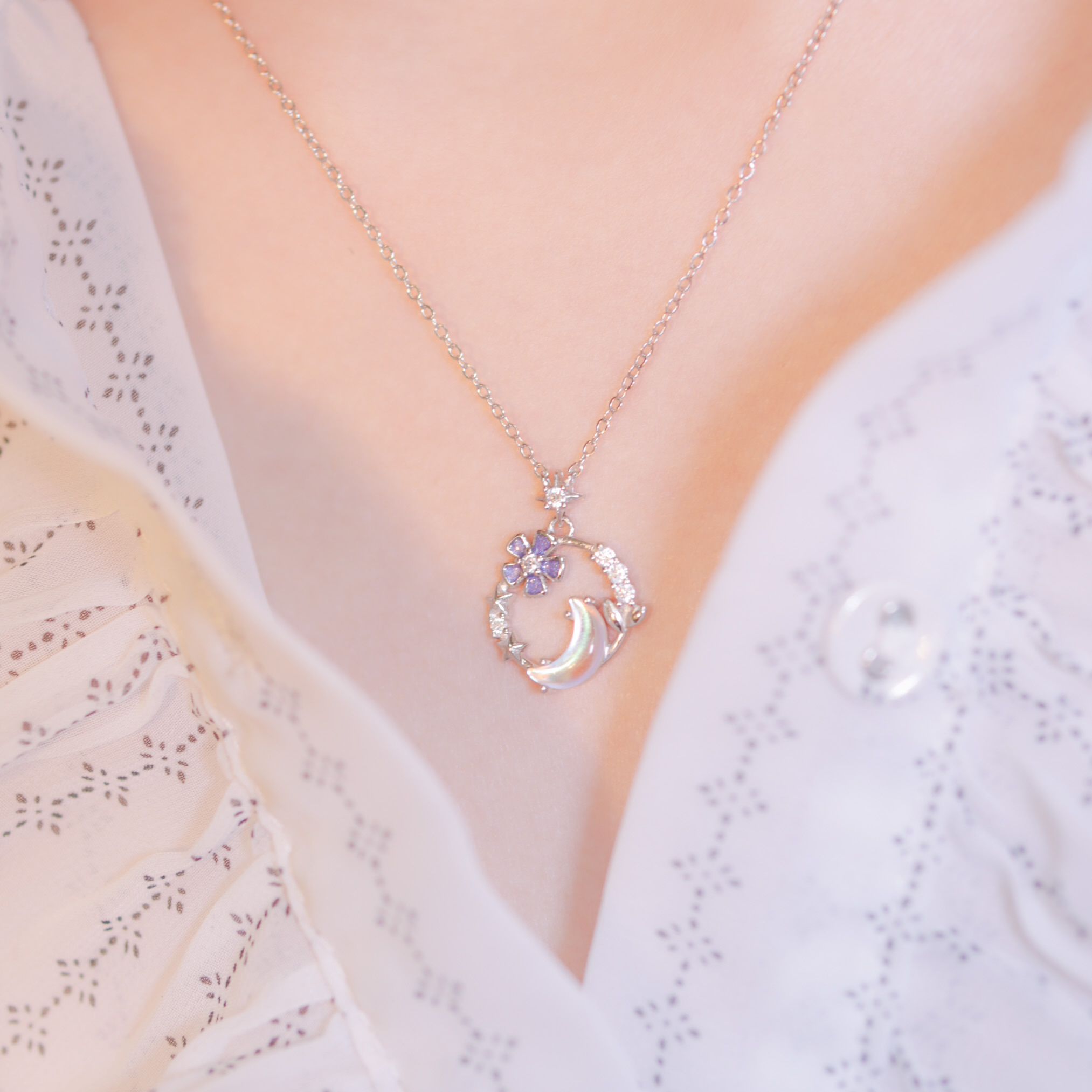 | 925 Silver・White Gold・Rose Gold・Glaze Stone | Flower Of Romance Necklace（Silver / Rose Gold) | NE0691 |