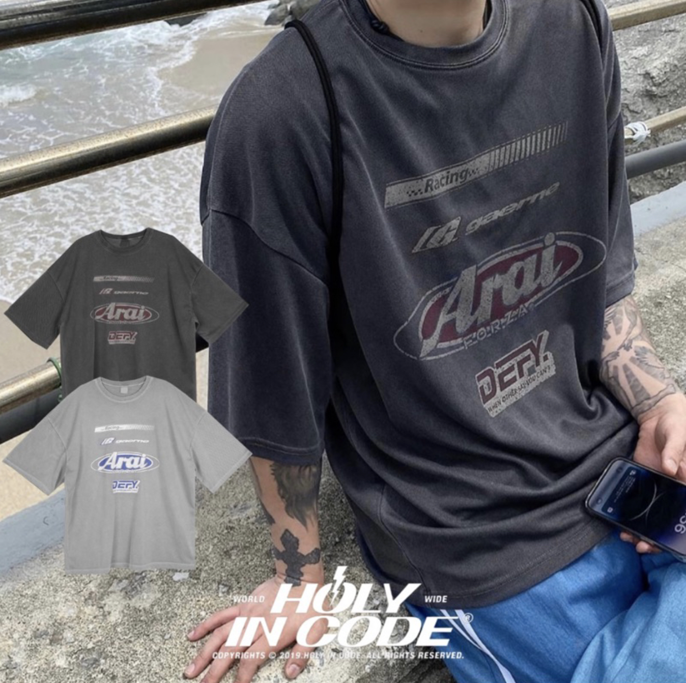 🇰🇷韓國 HOLYINCODE Arai斑駁標語水洗 寬鬆 印花 短袖 T恤 短T