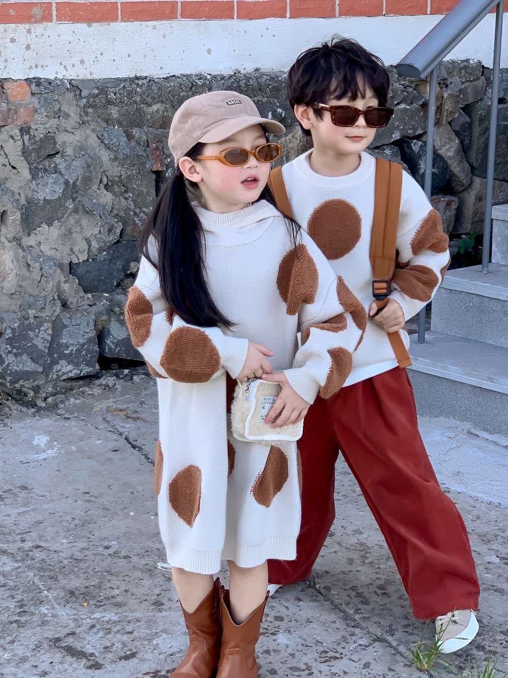 大波點兄弟姐妹裝 圓領針織上衣/洋裝