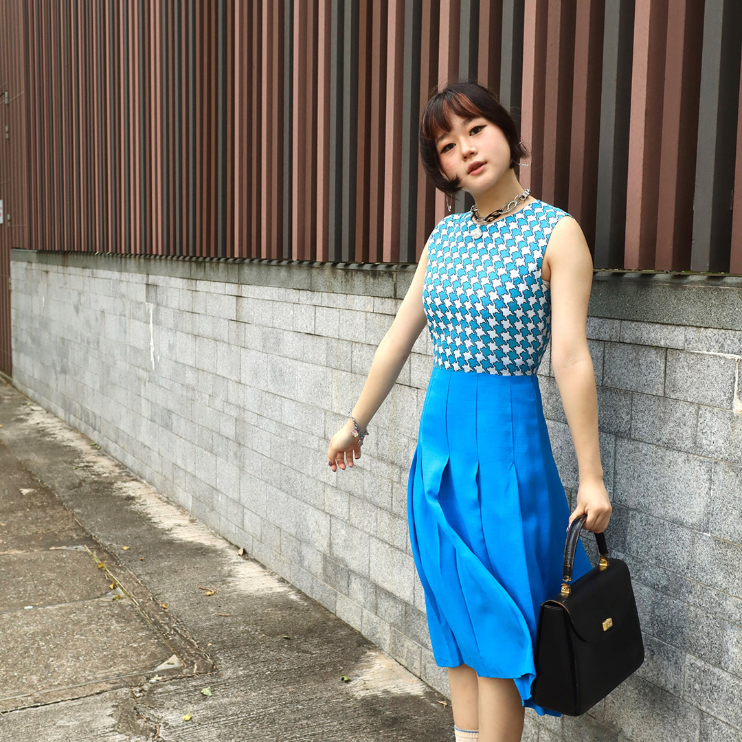 水藍色千鳥格日本古著連身裙