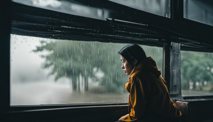 一位望著窗外看著下雨天的失落女性