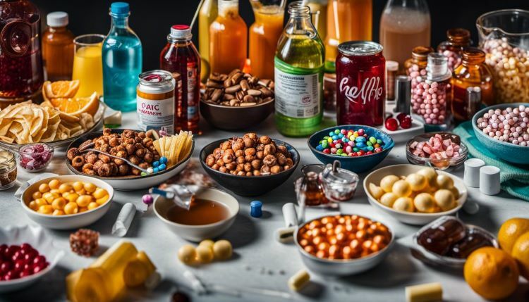一張靜物照片，展示了不健康的加工食品和含糖飲料，周圍還有藥丸和針筒