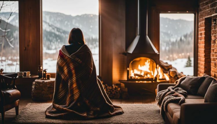一位女性因寒冷包著毯子在火爐旁
