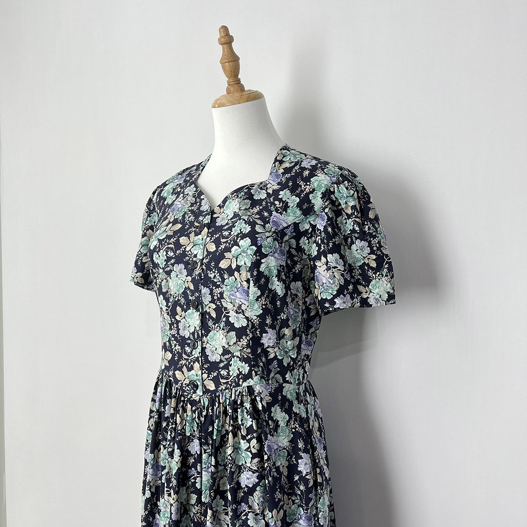 Laura Ashley 80s 深藍色大花古著連身裙