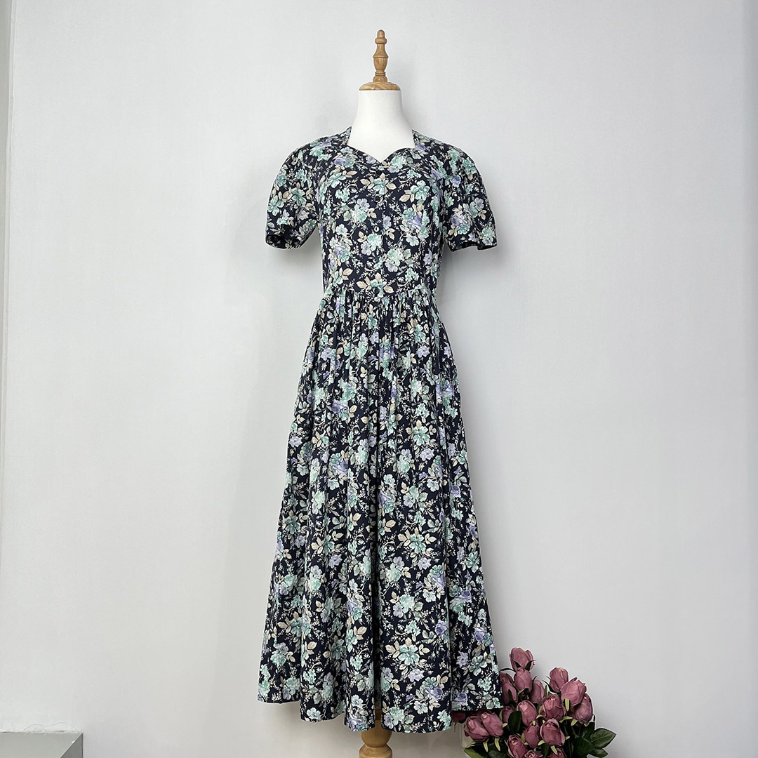 Laura Ashley 80s 深藍色大花古著連身裙